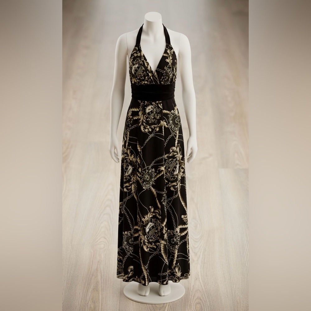 Vintage 90s Monaco maxi dress large open back halter brown gold chain old money